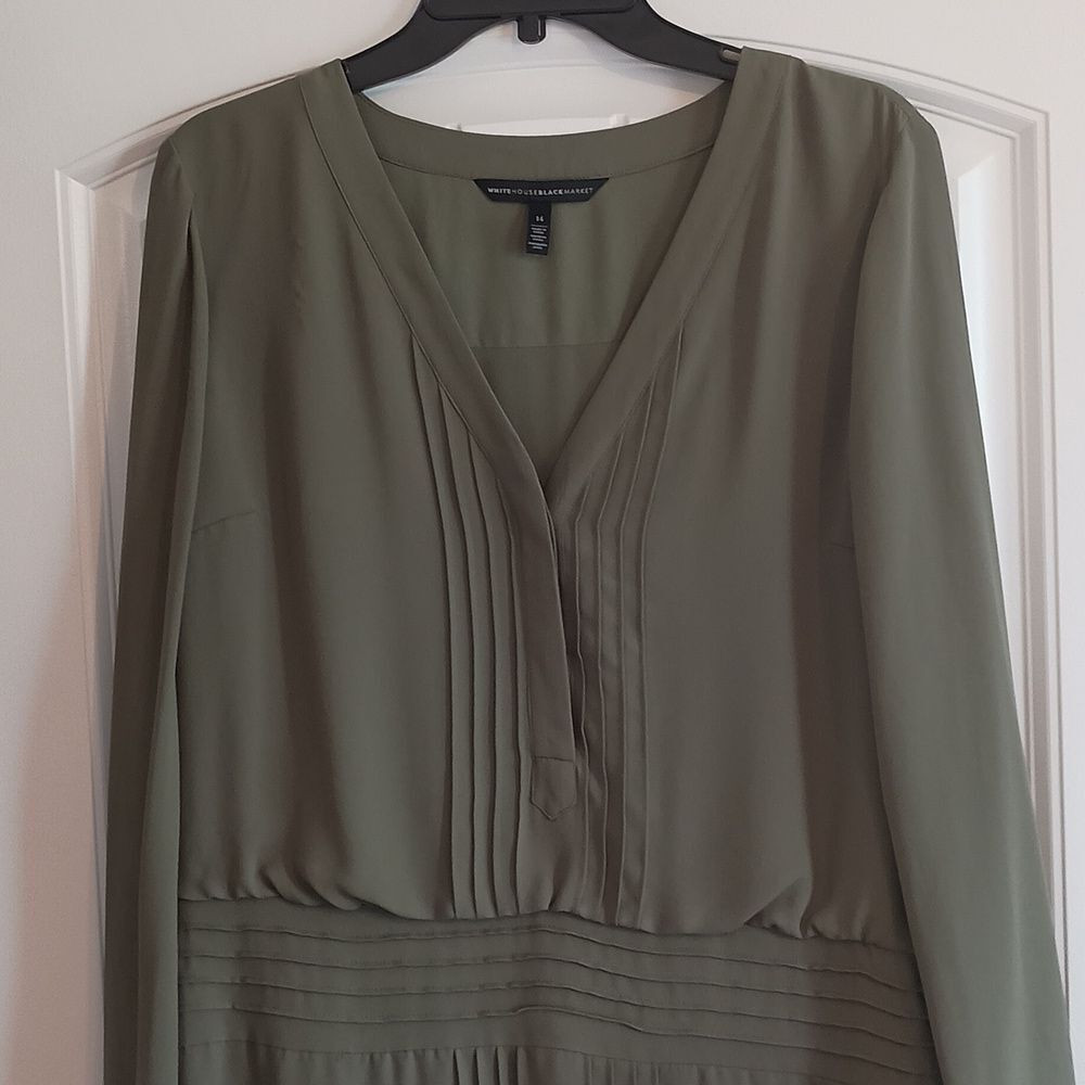 White House Black Market Olive Green Pleated V-Neck Long Sleeve Dress - Picture 12 of 16